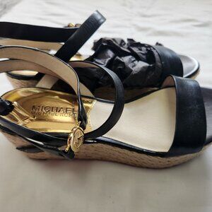 Michael Kors Black Short Wedge Jalita Charm Sandal Strappy Heels Wicker Size 7M